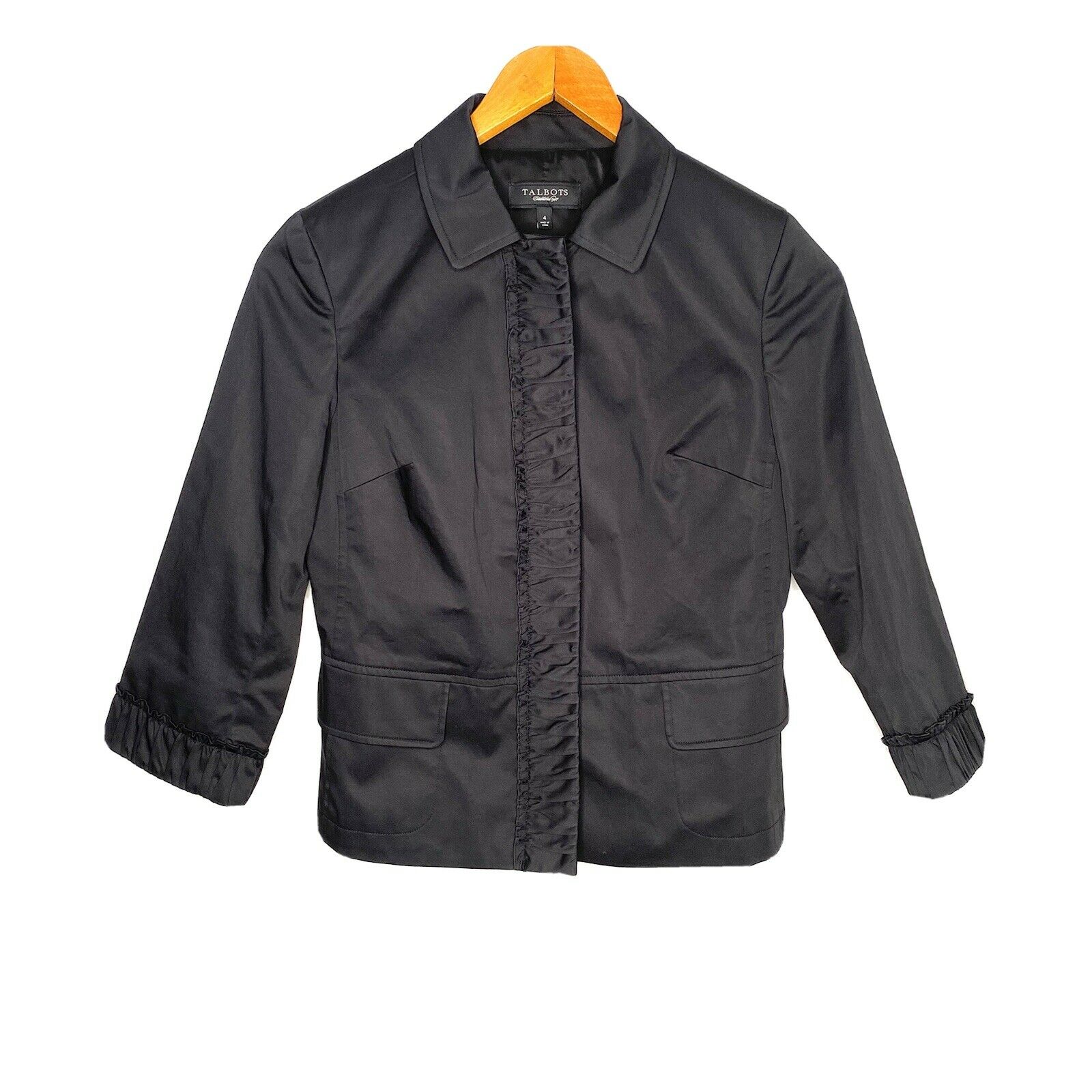 Talbots Womens Snap Button Up Blazer Jacket Size 4 Black Ruffle 3/4 Sleeve